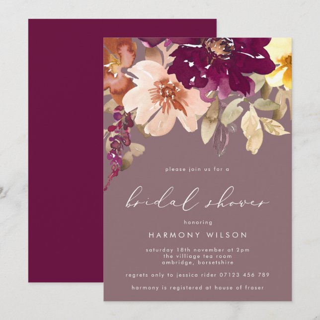 Invitación Caída Pluma Acuarela Floral Ducha Británica (Anverso / Reverso)