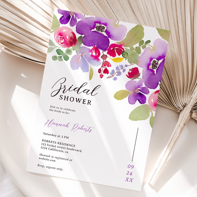 Invitación Caída púrpura púrpura floral acuarela ducha de nov (Fall pink purple floral watercolor bridal shower invitation)