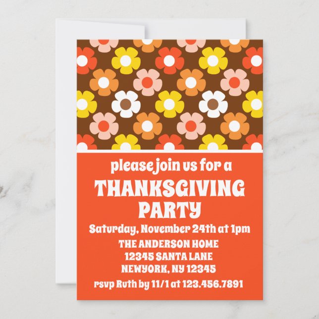 Invitación Caída Retro Flores de Otoño Fiesta de Acción de Gr (Anverso)