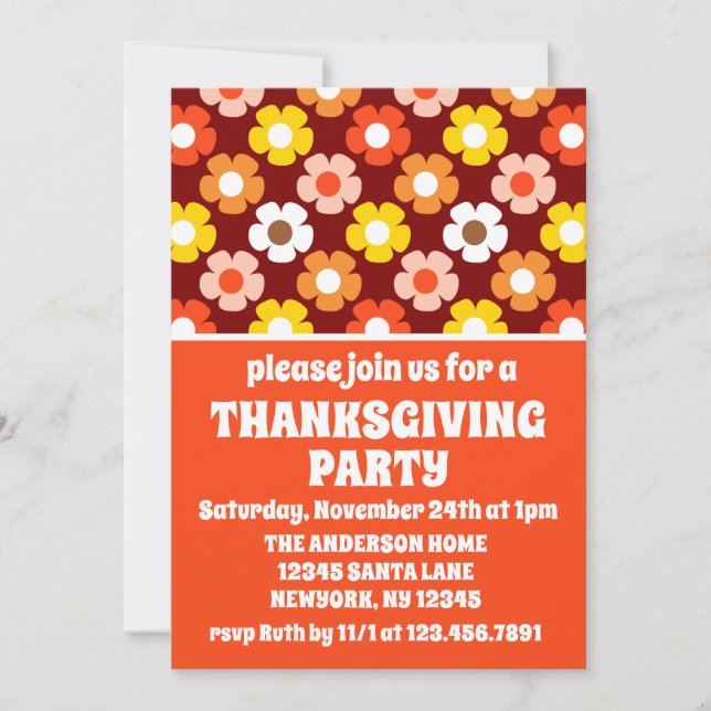Invitación Caída Retro Flores de Otoño Fiesta de Acción de Gr (Anverso)
