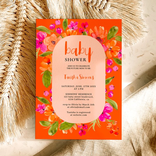 Invitación Caída retro naranja escritura floral rosa bebé duc (Fall boho pink orange floral script baby shower invitation on orange)