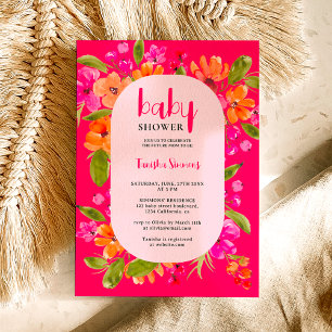Invitación Caída retro naranja rosa escritura floral bebé duc
