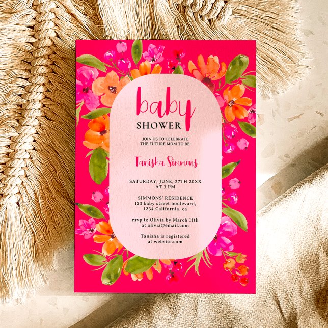 Invitación Caída retro naranja rosa escritura floral bebé duc (Fall boho pink orange floral script baby shower invitation on neon pink)