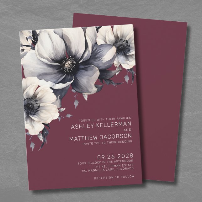 Invitación Caída Romántica Boda Floral Borgoña (Fall Romantic Burgundy Floral Wedding Invitation)