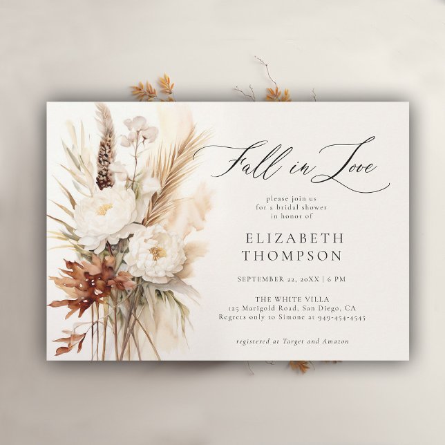 Invitación Caída Romántica Bouquet Boho Peony Shower (fall in love bridal shower invitation peony boho pampas terracotta watercolor elegant modern casual)