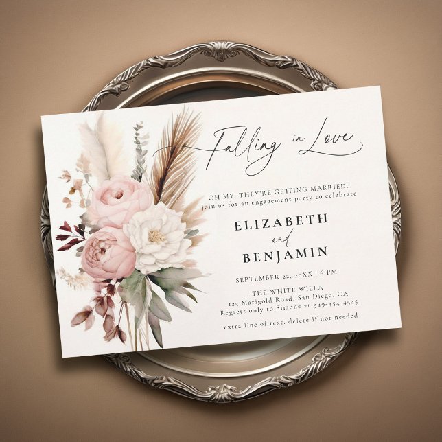 Invitación Caída Romántica del Partido Compromiso Boho Peony  (fall engagement party invitation falling in love peony pampas boho chic rust burnt orange watercolor)