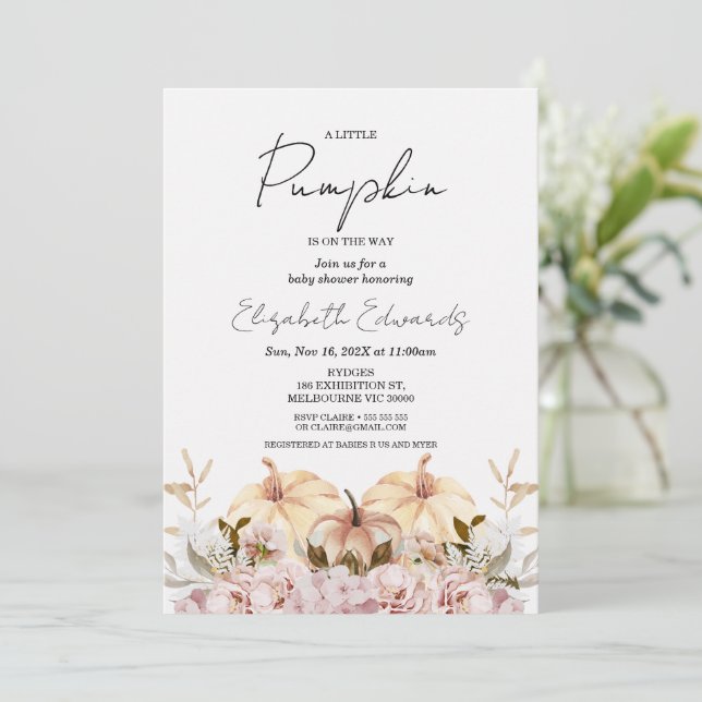 Invitación Caída Rubor Boho Floral Pequeña Calabaza Baby Show (Anverso de pie)