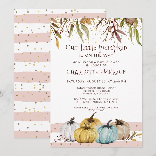 Invitación Caída Rubor Pink Gold Pumpkin Baby Shower (Anverso / Reverso)