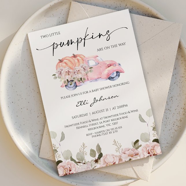 Invitación Caída Rubor Twin Feminine Pumpkin Baby Shower (Girl Twin Little Pumpkins Baby Shower Invitation Template, Feminine Fall Little Pumpkins Baby Shower)