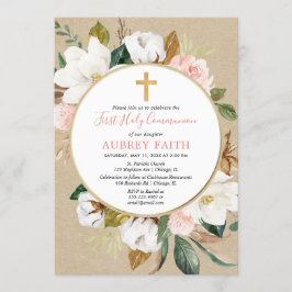 Invitación Caída ruidosa, comunión de chicas con flores blanc