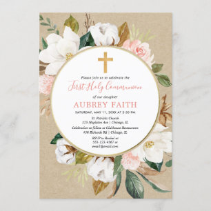 Invitación Caída ruidosa, comunión de chicas con flores blanc
