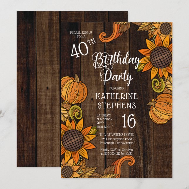 Invitación Caída Rusa |Autumn Sunflowers 40.ª Fiesta de cumpl (Anverso / Reverso)