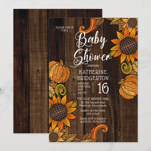 Invitación Caída Rusa | Autumn Sunflowers Baby Shower (Anverso / Reverso)