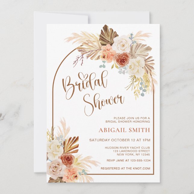 Invitación Caída Rusa Boho Arch Pampas Ducha de novias de hie (Anverso)