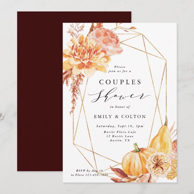 Invitación Caída Rusa Floral Oro Gemétrico Ducha (Anverso / Reverso)
