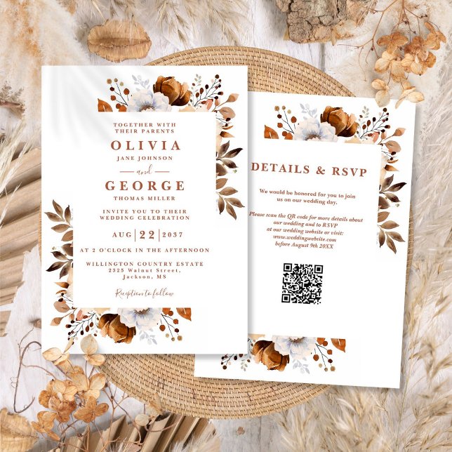 Invitación Caída Rusa Terracotta Floral QR Boda de código (Rustic Fall Terracotta Floral QR Code Wedding Invitation)