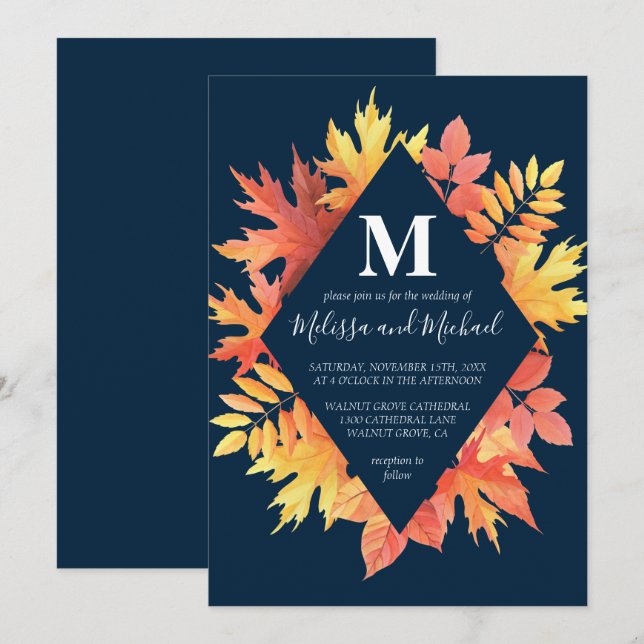 Invitación Caída rusa y Naranja deja Boda (Anverso / Reverso)