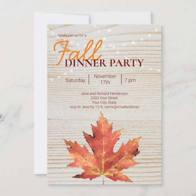 Invitación Caída Rustic Wood String Luces Cena Fiesta (Anverso)