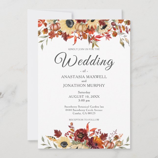 Invitación Caída Rústica Boda de calabaza floral de girasol (Anverso)