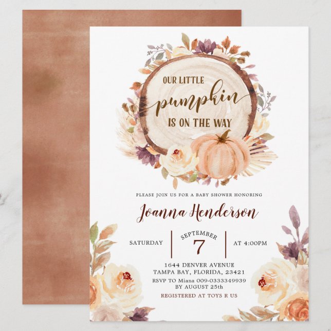 Invitación Caída Rústica Boho Woodland Pumpkin Baby Shower (Anverso / Reverso)