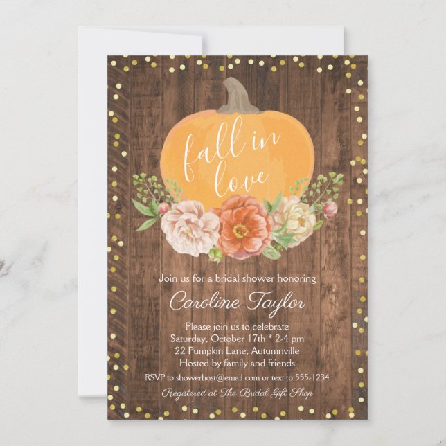 Invitación Caída Rústica Bridal Ducha Calabaza Caída Floral (Anverso)