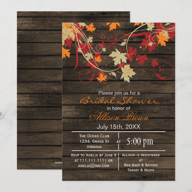 Invitación Caída rústica de madera de grano ducha de novia (Anverso / Reverso)