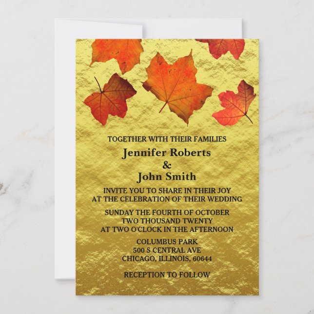 Invitación Caída rústica deja a Boda Relieve metalizado dorad (Anverso)