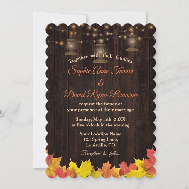 Invitación Caída Rústica deja Boda de viejos faroles maderero (Anverso)