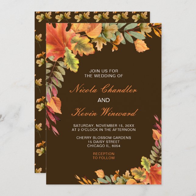 Invitación Caída Rustica del Otoño deja Boda (Anverso / Reverso)
