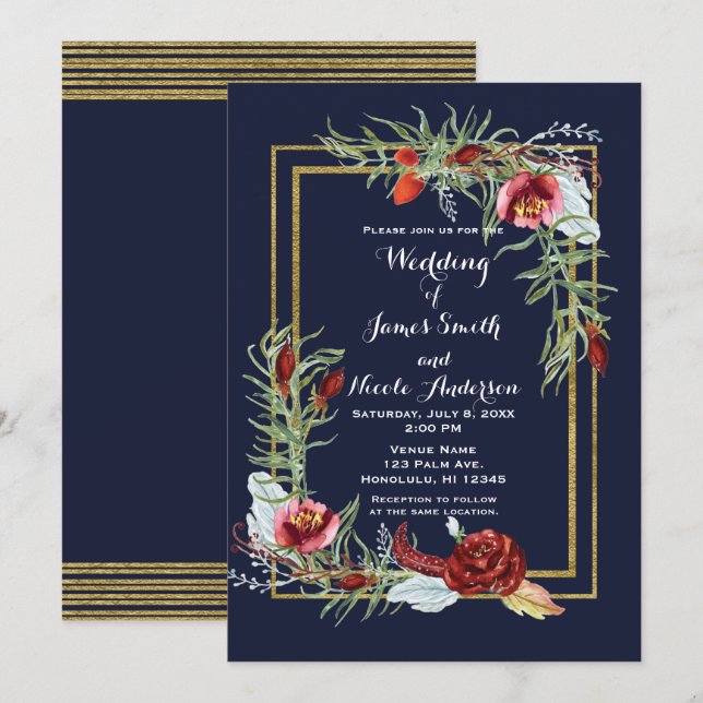 Invitación Caída Rústica Marsala Boda de oro azul de la Marin (Anverso / Reverso)
