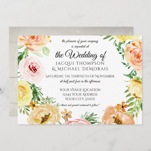 Invitación Caída Rústica Otoño Acuarela Floral Rosa Wreath (Anverso / Reverso)