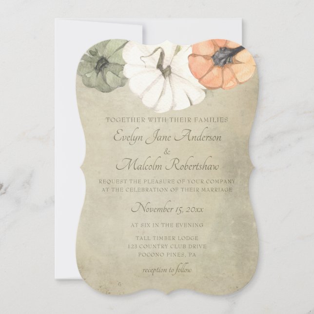 Invitación Caída Rustica Otoño Blanco, Naranja Boda de calaba (Anverso)
