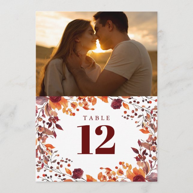 Invitación Caída Rústica Otoño Floral Número de tabla de foto (Anverso)