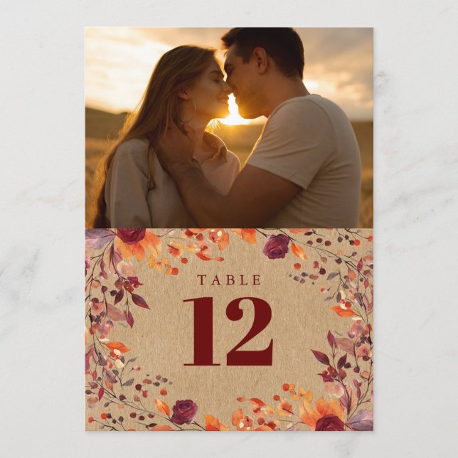Invitación Caída Rústica Otoño Floral Número de tabla de foto (Anverso)