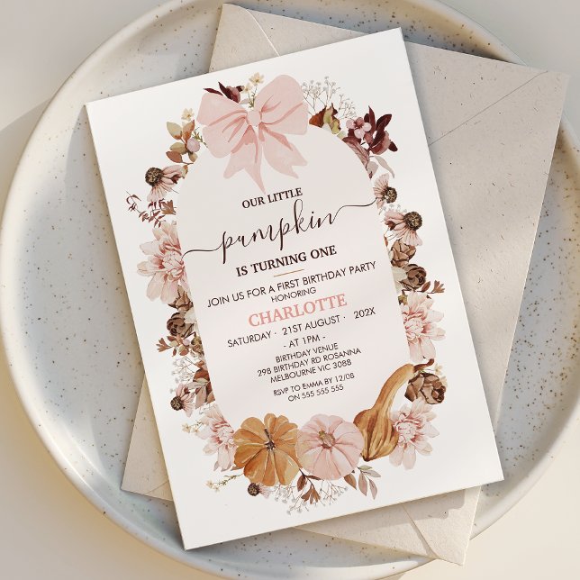 Invitación Caída Rustica Pequeña Calabaza Primer Cumpleaños (Pink Bow Pumpkin 1st Birthday Invitation Template, Fall First Birthday Invitation Girl, Autumn )
