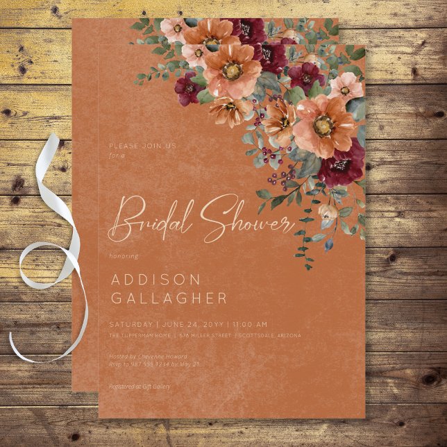Invitación Caída Rústica Rust & Wine Floral Bridal Shower (Fall Rustic Rust & Wine Floral Bridal Shower Invitation)