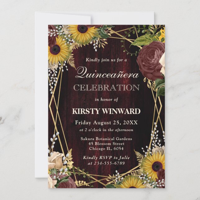 Invitación Caída Rústica Sombardos De Madera Quinceanera (Anverso)