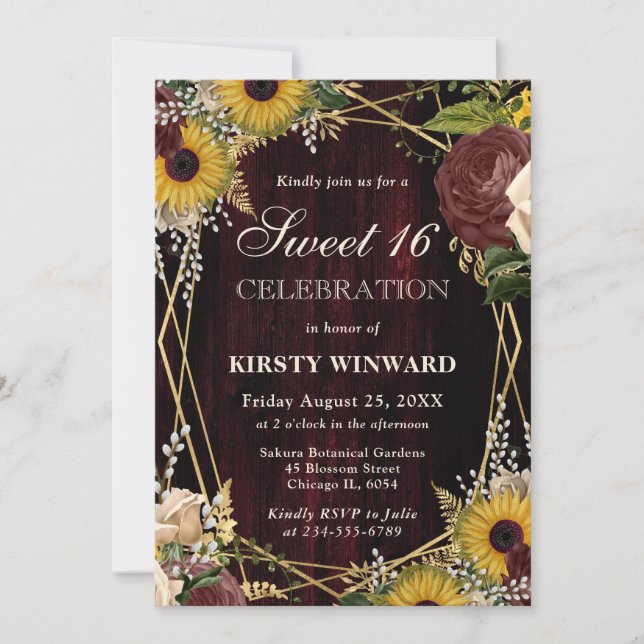 Invitación Caída Rústica Sunflower Madera y dulce de marco 16 (Anverso)