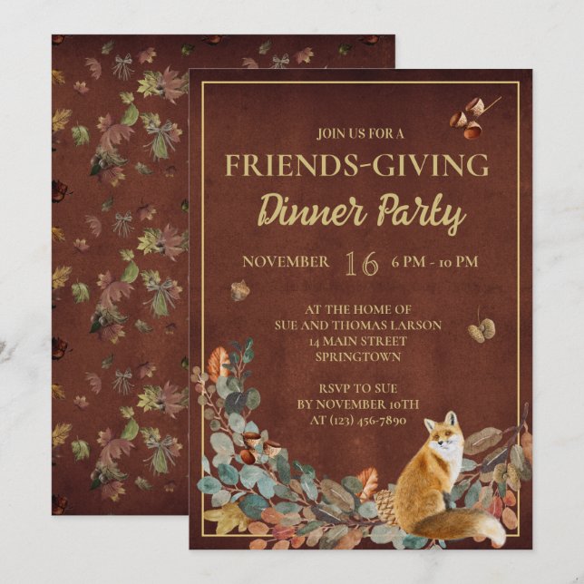 Invitación Caída Rústica y Fox FriendsGiving Dinner (Anverso / Reverso)