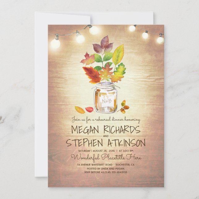 Invitación Caída Sale de la Cena Rústica de Mason Jar (Anverso)
