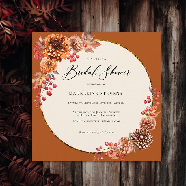 Invitación Caída Simple Wreath Mamáes Berries Terracotta Brid (fall floral wreath simple bridal shower invitation mums poms berries terracotta copper burgundy)