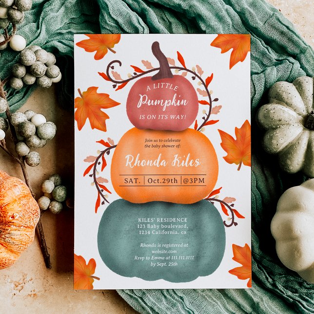 Invitación Caída suave naranja calabazas azules ducha bebé (Cute fall orange blue pumpkins baby shower invitation)
