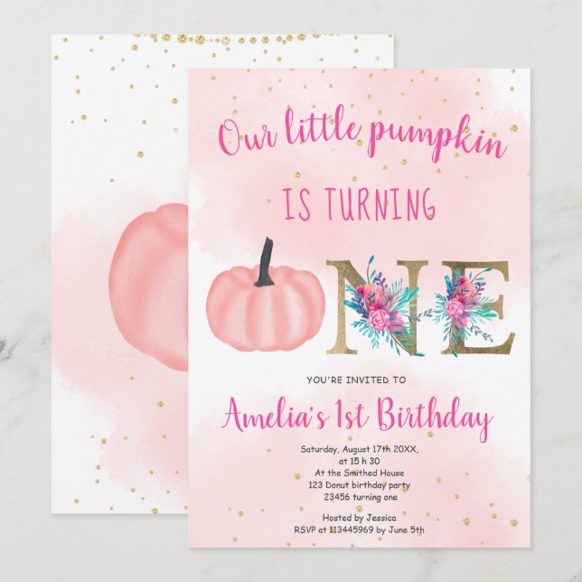 Invitación Caída suave Oro rosa calabaza de primer cumpleaños (Anverso / Reverso)