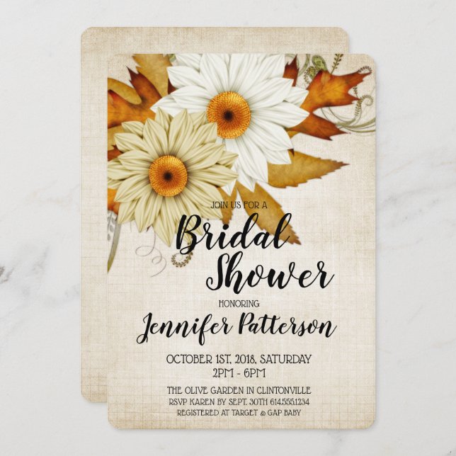Invitación Caída Tan y Flores Blancas Ducha Bridal (Anverso / Reverso)