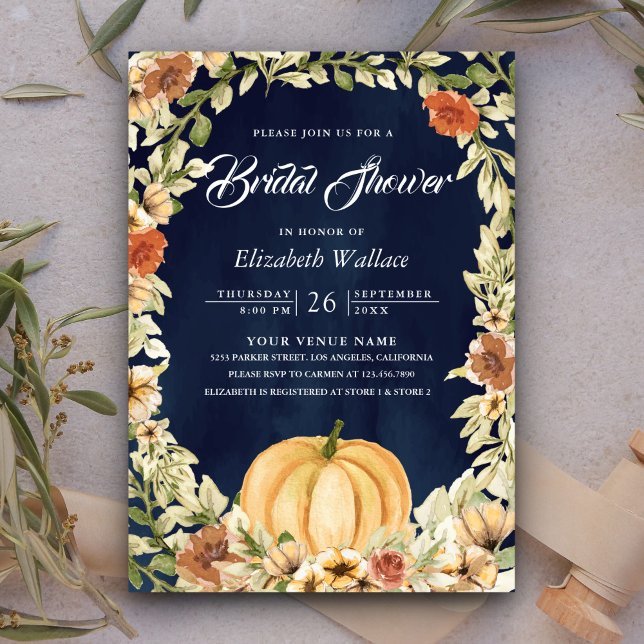 Invitación Caída Teresa Floral Calabaza Marina Azul Ducha Nup (Subido por el creador)