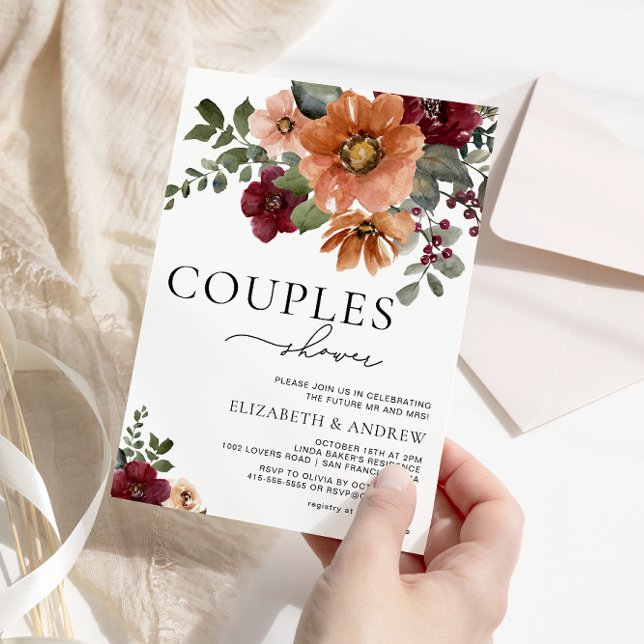 Invitación Caída Terracotta Borgoña Ducha Parejas Florales (Subido por el creador)