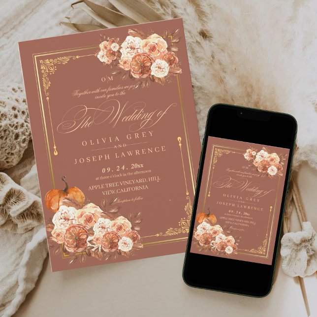 Invitación Caída Terracotta Gold Floral Boho Rústico Boda (Subido por el creador)