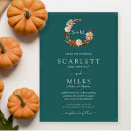 Invitación Caída verde azulada Terracota Monograma Boda de co