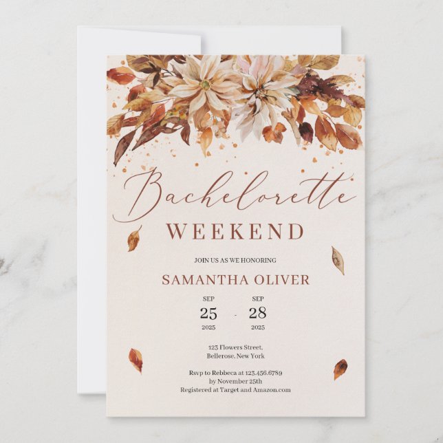 Invitación Caída y otoño flores Boho Bachelorette Weekend (Anverso)
