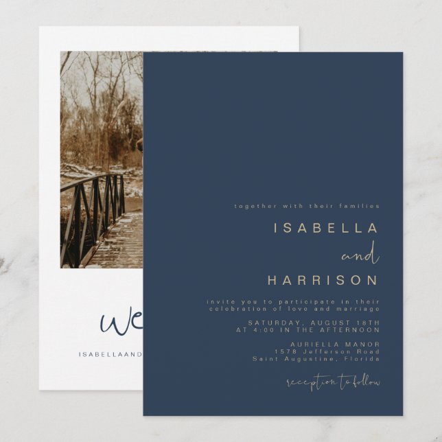Invitación CAITLIN Elegante Boda de Marina y Oro (Anverso / Reverso)